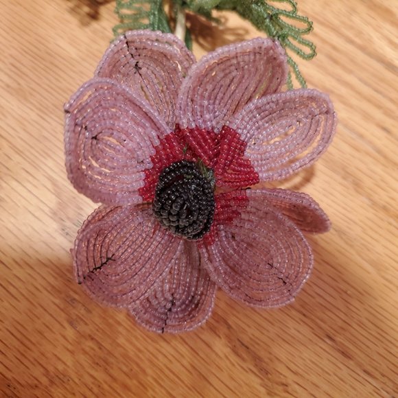 Vintage French Glass Beaded Flowers & Vase in Pink/White/Yellow. Bouquet 18"w. - Picture 6 of 11